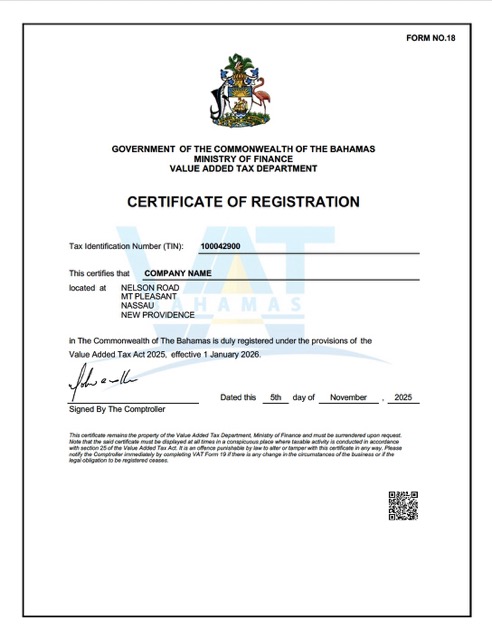 Download Bahamas VAT registration certificate Word and PDF template Photoshop template